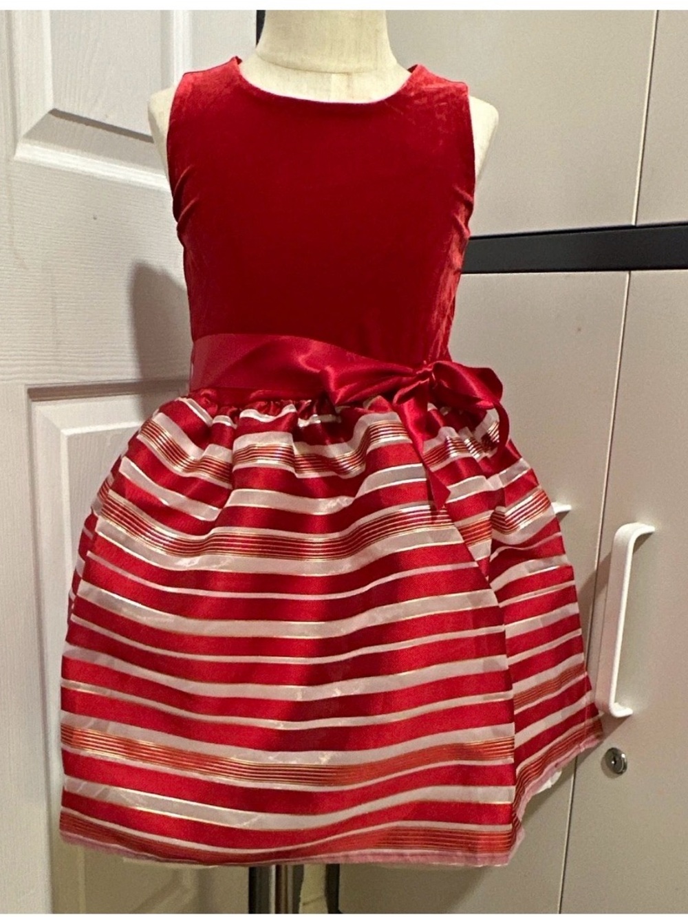 The Children's Place Red Velvet & Striped Satin Bow Holiday Dress